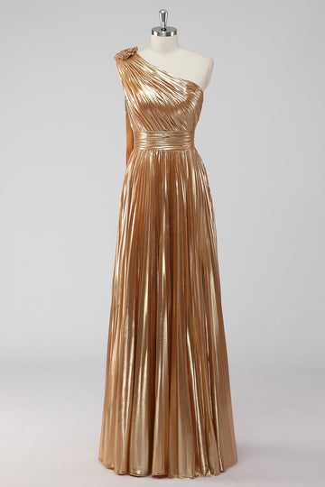 Gouden One Shoulder A-lijn Metallic Formele Jurk